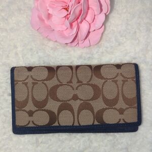 Coach Signature Canvas Wallet in Tan and Brown with Navy/ Dark Purple Trim